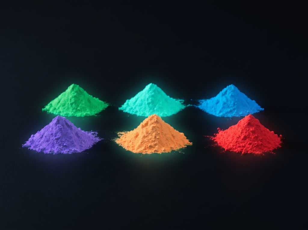 Sechs Häufchen phosphoreszierendes Pigmentpulver in Grün, Türkis, Blau, Violett, Orange und Rot, im Dunkeln leuchtend