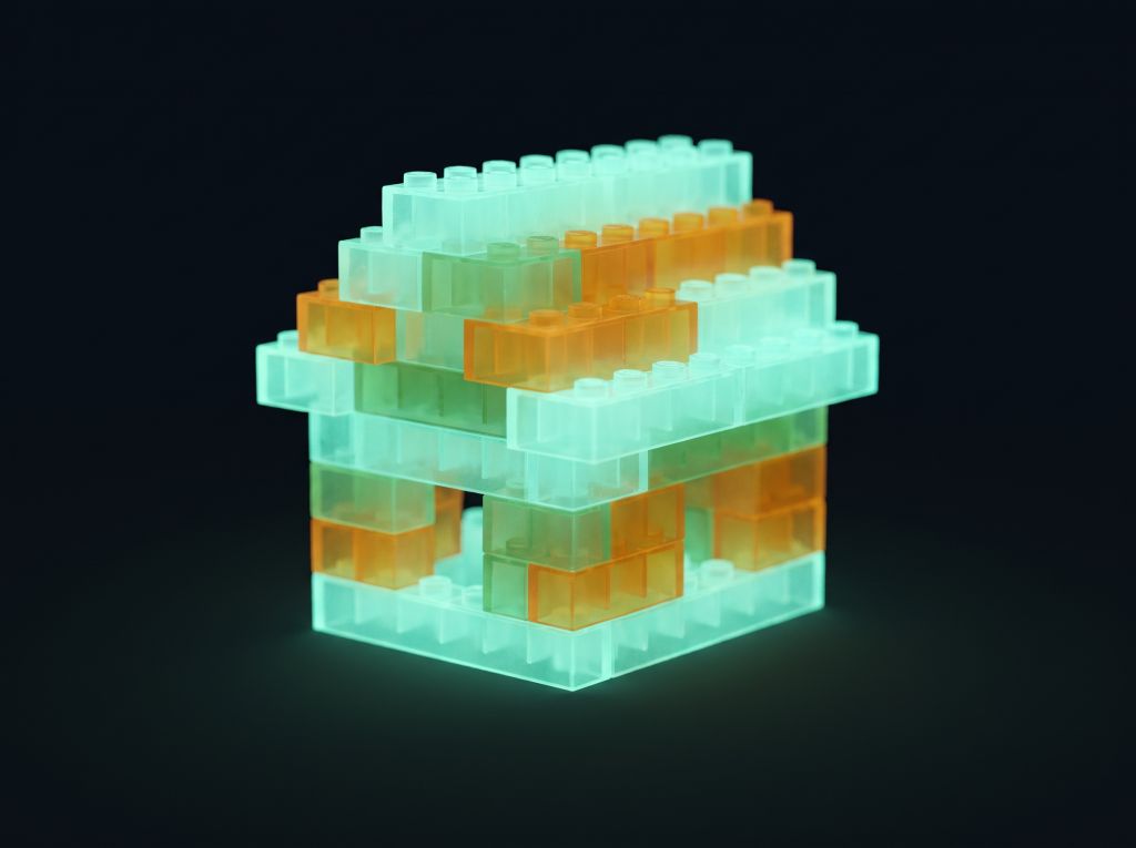 House built from translucent toy bricks glowing green and orange in the dark