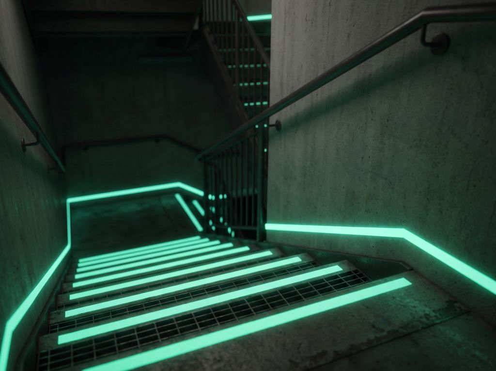 Dark stairwell with photoluminescent stair-edge markings and a guidance line along the wall