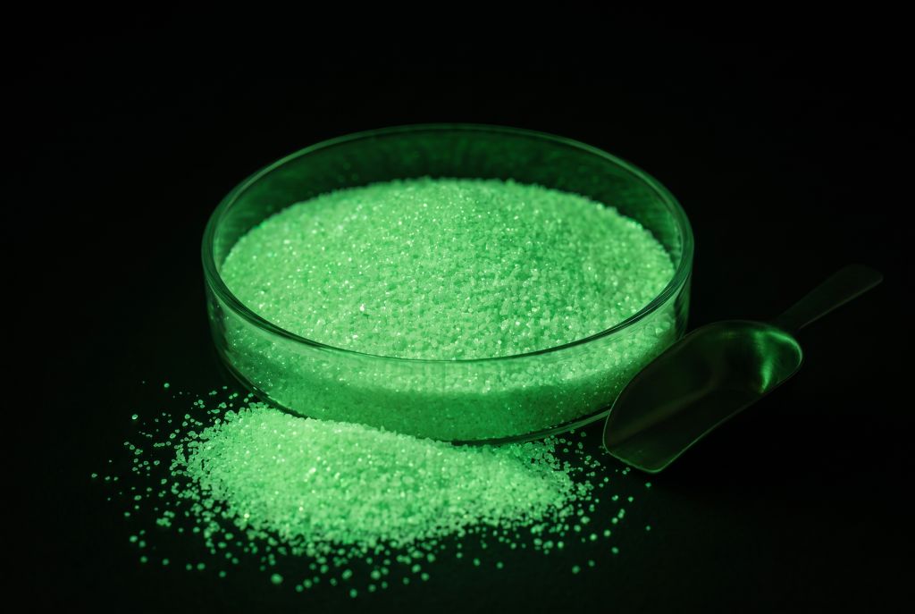 Glow granules (up to 1 mm) in a glass dish, green, glowing in the dark