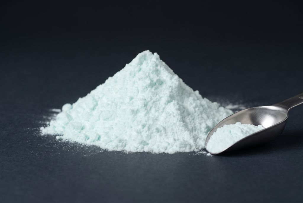 Photoluminescent pigment, blue-green, as a heap with a scoop, in daylight