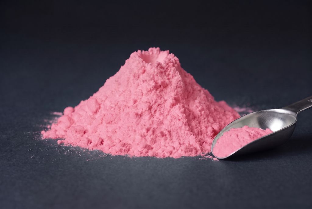 Nachleuchtpigment Pink-Rosarot als Häufchen mit Messlöffel bei Tageslicht